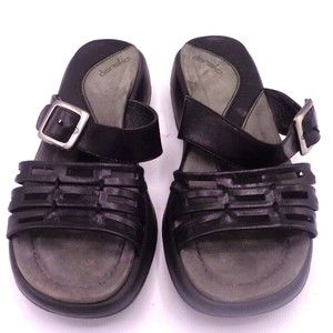Dansko Leather Slide Sandals Black Sz 36/6 Women Buckle Wedge Slip On Shoes